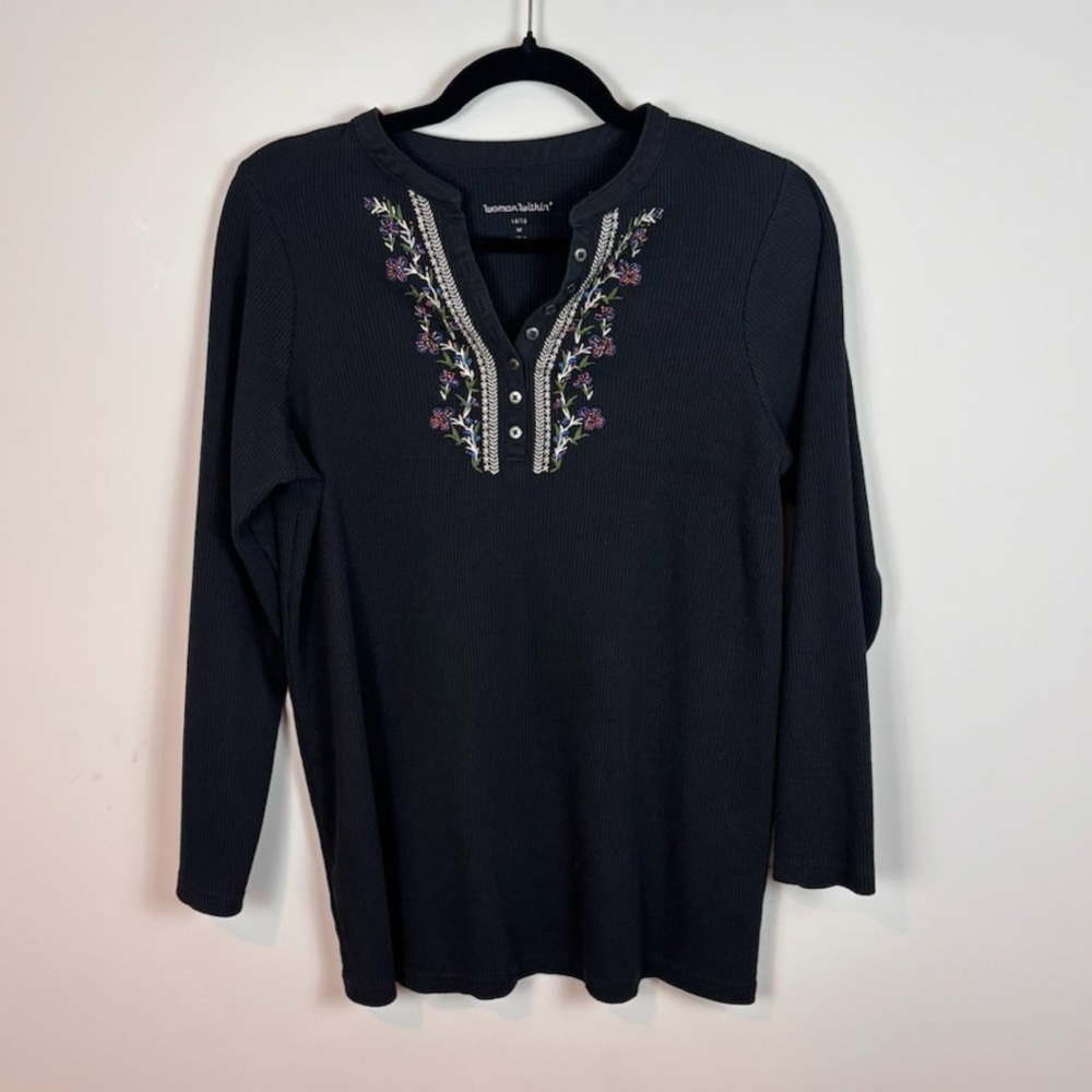 Woman within Womens Black Waffle Knit Floral Embroidered Henley sz 14/16 Comfort